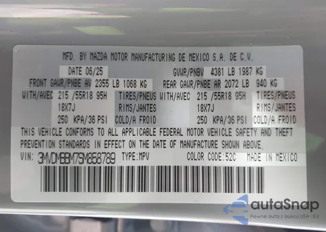 2025 Mazda Cx-30 2.5 S Select Sport из США, поврежденный, VIN 3MVDMBBM7SM858789